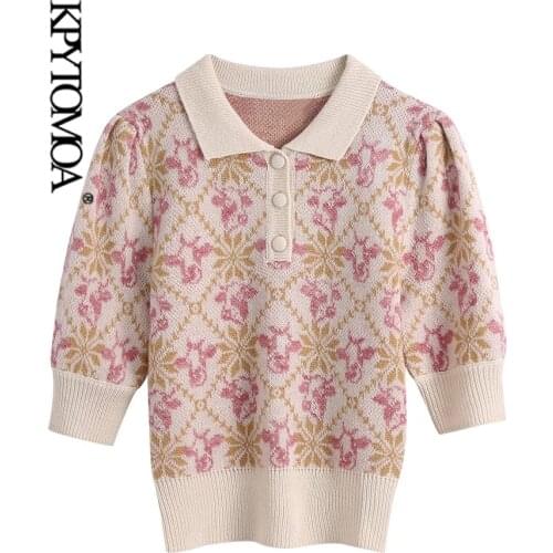 KPYTOMOA Women 2021 Fashion Animal Jacquard Knitted Sweater Vintage Lapel Collar Short Sleeve Female Pullovers Chic Tops