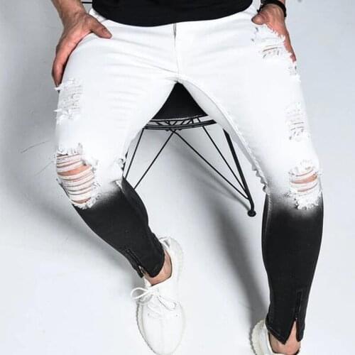 Fashion Mens Skinny Stretch Ripped Male Jeans Slim Fit Denim Trousers Streetwear Gradient White Black Skinny Jeans Men#r