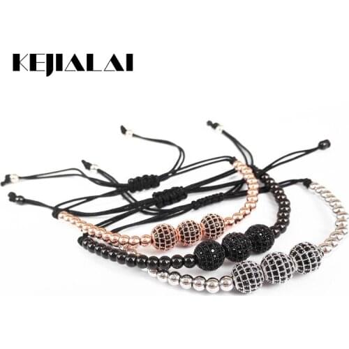 New Fashion Men Bracelets,Gold Color 4mm Round Beads & 8mm Micro Pave Black CZ Beads Briading Macrame Bracelet Christmass Gift