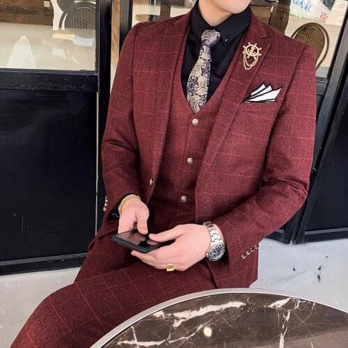 2021 Spring and Autumn New High Quality Mens Solid Color Plaid Business Leisure Slim Shape Three-piece Mens Wedding Suit