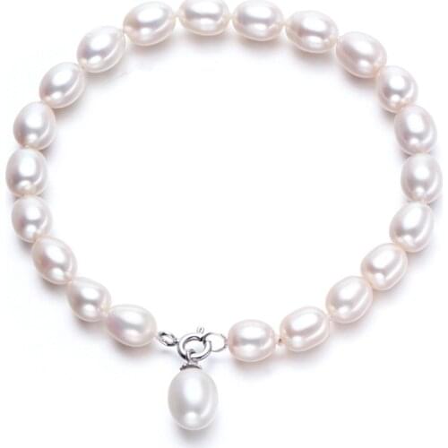 NEW Tibetan silver Fashion Bracelet Natrual AA 7-8MM White Rice Shape Freshwater Pearl 7''-8
