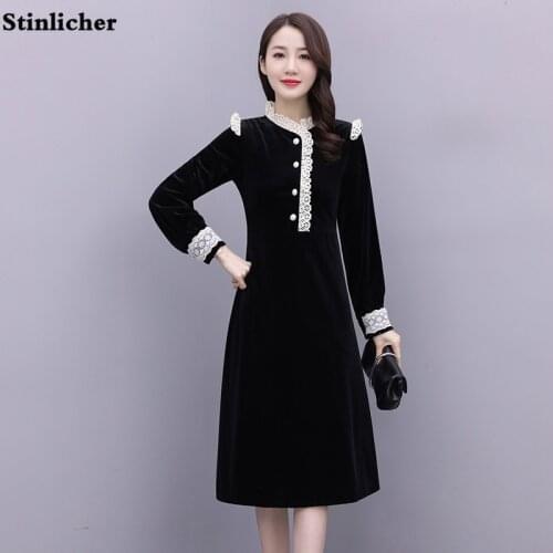 Autumn winter women velvet dress long-sleeved ruffled stand collar lace dress ladies fashion black slim party dress female robe