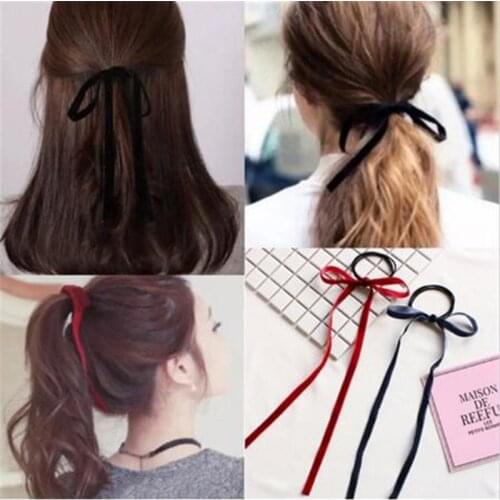 Women Girls 1PCS/Pack Simple Velvet Ribbon Bow Elastic Hair Band Girls' Long Tassel Hair Ties Bands Women Hair Accessories