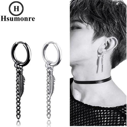 Feather Punk Stud Earrings Stainless Steel Hoop Huggie Earrings Hinged Unisex Piercing Jewelry Silver Color 1 Pair