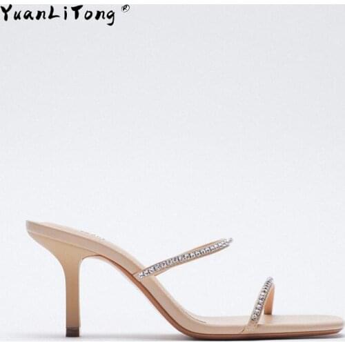 2021 Summer New Crystal High Heel Slipper Female Beige Square Toe High-heeled