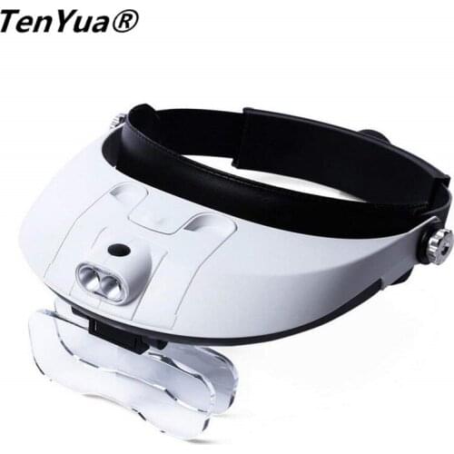 TenYua LED Headband Magnifier 1x 1.5x 2x 2.5x 3.5x Illuminated Helmet Head Loupe Surgical Dental Loupes With 5 Lenses 2 led Lamp