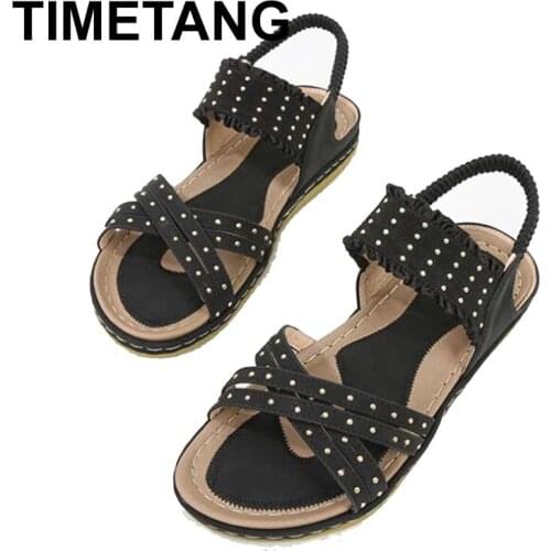 TIMETANG Women Shoes Summer National Style Ladies Sandals Beach Travel Bohemian Rivet Plus Size Flat Shoes Female