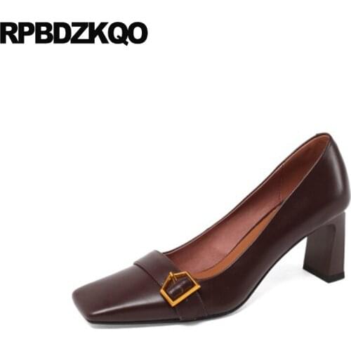 Thick belts size 33 metal pumps 2021 genuine leather retro brown ladies 3 inch beige square toe high heels block shoes for women