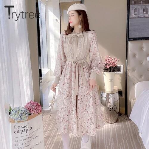 Trytree 2021 Spring Autumn Womens Dress Casual Elastic Knitted Patchwork Floral Puff Sleeve Silky Office Lady Bow Shirt Dress