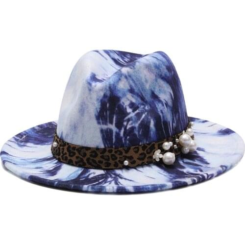 2020 Colorful fedora hats for women Flat wide Brim Panama Wool Felt Jazz Fedora Pearl belt Hats for men goth top wedding Hat