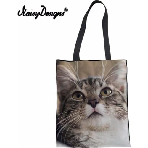 NoisyDesigns Canvas Womens Shopping Bag Kawaii Cat Print Eco-friendly Totes Bag Travel Shoulder Pack For Girls Reusable Handbag