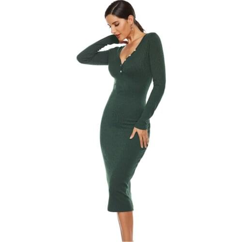 Ribbed Quarter Zip Sexy V Neck Long Bodycon Dresses for Women Solid Green Black Gray Calf Length Long Sleeve Sweater Dress