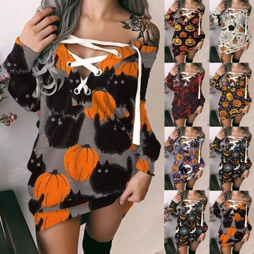 Halloween Dress Women Plus Size 2021 Vogue Pumpkin Print Off-Shoulder Strappy Long Sleeve Dress Sweater Halloween Costumes Loose