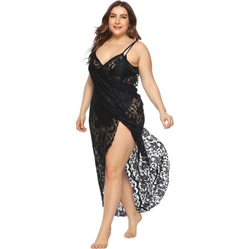 Plus Size Dresses for Women Sexy Lace Tunic Pareo Playa Mujer Robe Plage Summer Mesh Black Beach Cover Up Maxi Dress Large 4XL