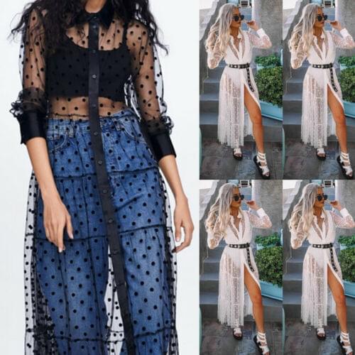 Women Summer Boho Cover Up Mesh Polka Dot Long Maxi Dress Long Sleeve Shirt Dress Party Beach Dresses Not Open Up to Bottom