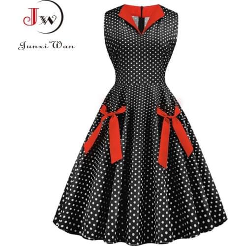 Polka Dot Print Vintage Dress Women Summer V Neck High Waist Sleeveless Bow Midi Elegant Office Party Sundress Casual Plus Size