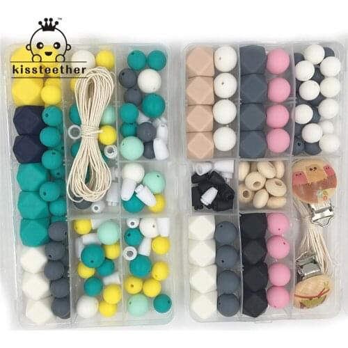 2pcs Baby Teether Toys Silicone Teething Kit Geometric Hexagon Silicone Beads Wooden Pacifier Clip DIY Nursing Necklace