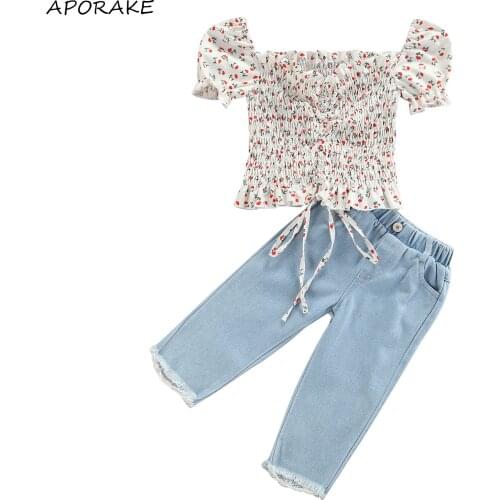 2021 1-6Y Fashion Baby Girl Clothing Floral Square Collar Puff Sleeve Drawstring Shirt+Frayed Raw Hem Denim Pants with Pocket