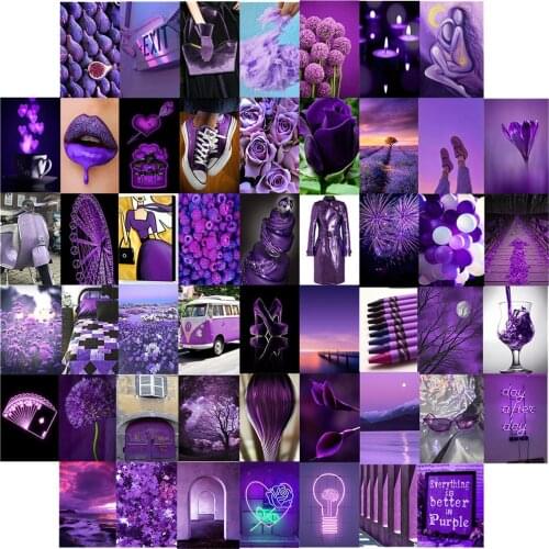 50Pcs Purple Mature Woman Picture for Wall Collage Set Purple Background Image Postcard Wall Paper Flower Trinkets Home Decor