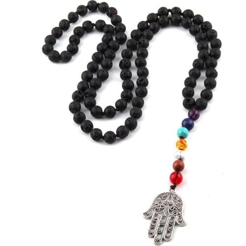 Free Shipping Bohemian Jewelry Black Lava Stones Tassel & Fatimas Hand Charm Necklace For Women Statement Necklaces