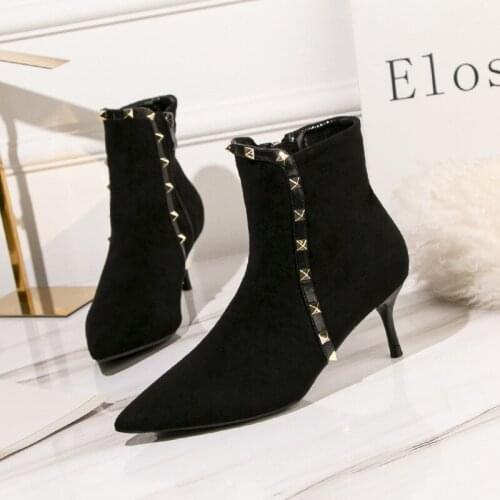 Nice Women Shoes Pointed Toe Ankle Boots Autumn Winter Black Red High Heels Stiletto Rivet Punk Ladies Martin Boots Botas Mujer