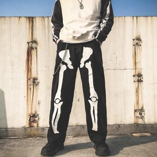 High Wasit Denim Pants Overalls Men Skeleton Oversized Black Jeans Pants 2021 Denim Mens Streetwear Hip Hop Harem Pants