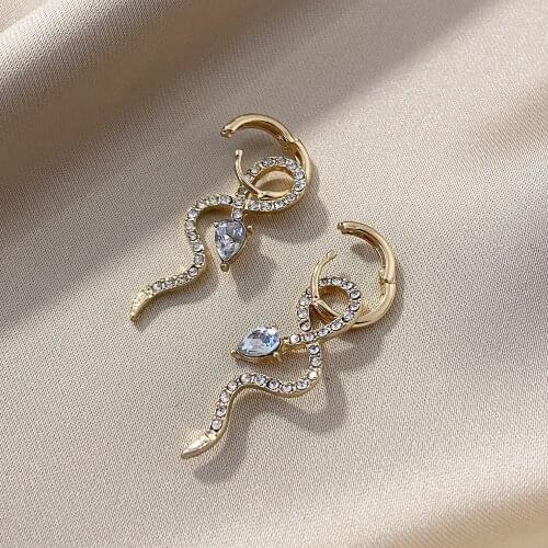 2021 New Sweet Fashion Stylish Personality Snake-Shaped Imitation Diamond Earrings Retro Temperament Earrings Wholesale