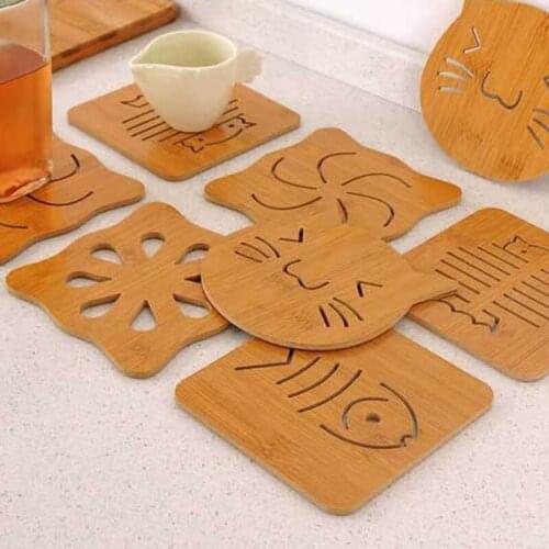 Kitchen Bamboo Hollow Wooden Coaster Thick Anti-scalding Cartoon Insulation Pad Table Mat Mon-slip Pot Mat Bowl Mat Tray Mat