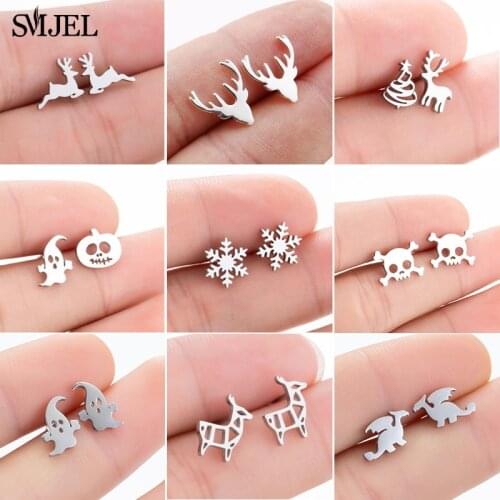 SMJEL Small Earrings Hollow Stainless Steel Ghost Pumpkin Skull Snowflake Deer Stud Earring Women Kids Christmas Jewelry Gift