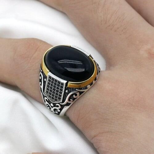 925 Sterling Silver Ring For Men Black Natural Agate Zircon Stone Jewelry Fashion Vintage Gift Women Mens Accessories All Size