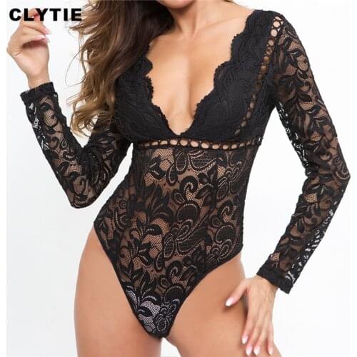 Clytie Casual New Lace Bodysuits Women Spring Women Hollow Out Female 2021 Ladies See Through Night Club Bodysuits