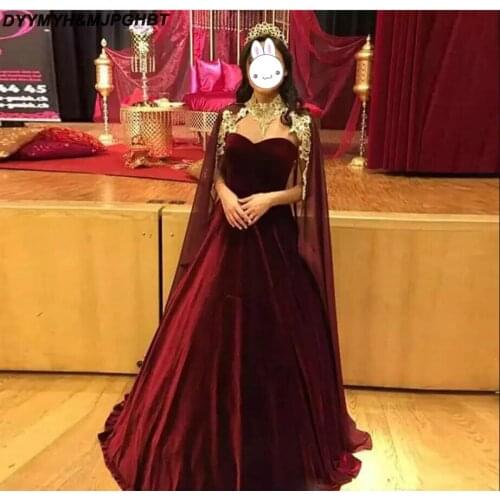 Newest Burgundy Ball Gown Evening Dresses with Cape Sweetheart Velvet Skirt Dubai Prom Gown Long Pageant Dress robe de soiree