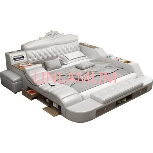 Bed frame camas кровать двуспальная beds wireless charging air cleaner purifier massage genuine leather speaker Bluetooth safe