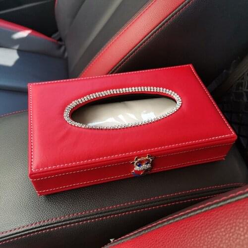 Luxury Leather Square Tissue Box Square Cover Holder Rhinestone Artificial Leather Red Block Type Storage Box Car Accessories