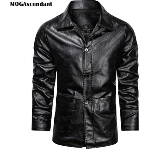 Mens Luxury Trench PU Leather Coat Male Single Breasted Business Casual Faux Leather Jacket Long Outwear Coat Big Size M-5XL