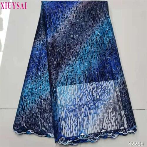 Blue African Tulle Lace Fabric High Quality 2021 Sequins French Lace Fabric Nigerian Lace Fabric For Wedding Dress 5 Yards