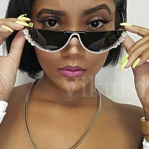 Top Quality Luxury Cat Eye Diamond Sunglasses Women Italy Brand Designer Half Frame Cat Eye Sun Glasses For Female Black Eyewear