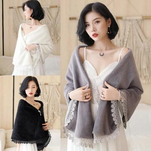 Wedding Shawl White Black Shrugs For Women Faux Fur Shawl Wedding Bolero for Bridal Winter Warm Cape Evening Banquet Cloak 2021