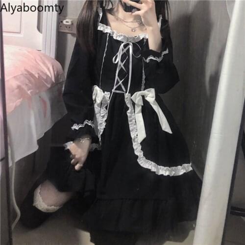 Japanese Harajuku Streetwear Women Black Mini Dress Square Collar Bow Bandage Cosplay Dress Cute Kawaii Gothic Punk Maid Dress