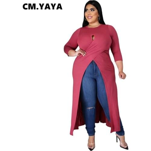CM.YAYA Plus Size Women O-neck Cut Out Front High Split Maxi Tee Tops High Streetwear Three Quarter Sleeve Long T-shirts