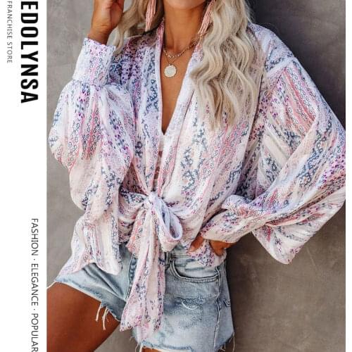 2020 Pink Bohemian PrintedSexy Deep V-neck Long Sleeve Plus Size Tunic Women Tops and Blouses Shirts blusas mujer de moda A398