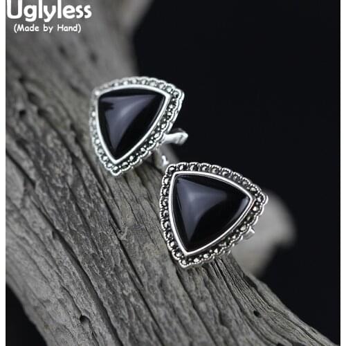 Uglyless Fashion Simple Triangle Chalcedony Studs Earrings for Women Geometric Marcasite Brincos Real 925 Silver Vintage Jewelry