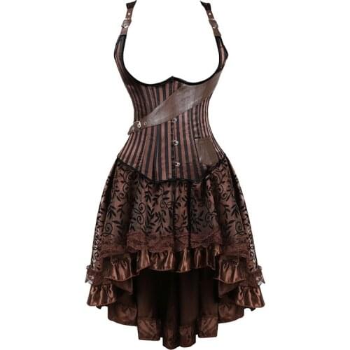 Womens Sexy Gothic Burlesque Steampunk Corset Dress Underbust Waist Trainer Corsets and Pirates Bustiers with Ruffle Mini skirts