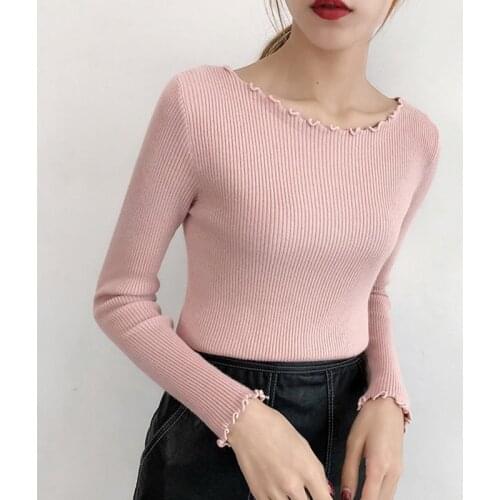 Womens Fashion Sexy Slim Fit Ruffles Sweater Casual Long Sleeve Knit Pullover Autumn New Solid Color Bottoming Shirt