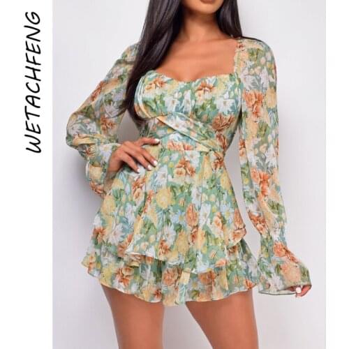 Summer Women Floral Print Playsuit Sexy Backless Short Jumpsuits 2021 Casual Ruffles Playsuit Loose Female Beach Holiday Rompers