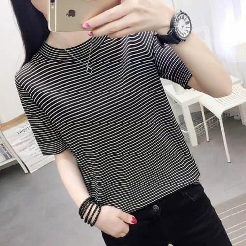 Women Spring Summer Style Knitted Sweater Pullovers Lady Casual Striped Printed O-Neck Short Sleeve Pullovers Tops ZZ0047