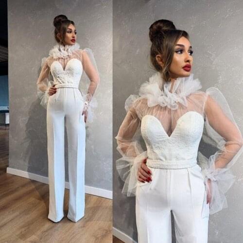 Illusion Prom Dresses Jumpsuit with Belt Arabic Long Sleeve High Neck Ruffles Lace Women Occasion Evening Dress with Pant Suit