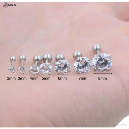 2 pcs/lot Luxury 16G Clear Crystal Ear Piercing Earring AAA Zircon Stud Earrings 3~8mm Ear Helix Piercing Body Jewelry Pircing