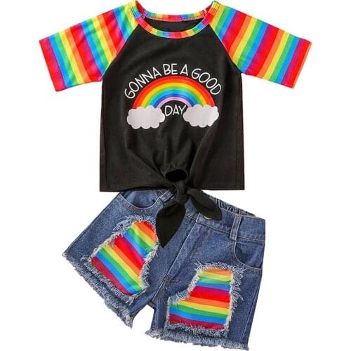 2Pcs Fashionable Infant Kids Baby Girls Outfit Summer Autumn Sweet Style Rainbow Printing Knotted Top + Denim Shorts Set