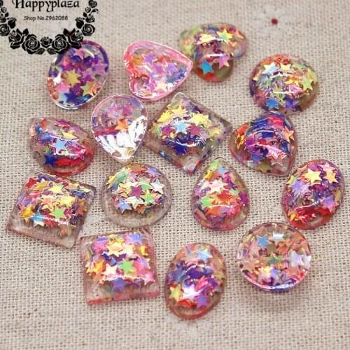 20PCS Cute Shiny Star Sequins Filled Resin Transparent Round/Star/Square/Oval/Heart Flatback Cabochon DIY Hair Bow Center Deco